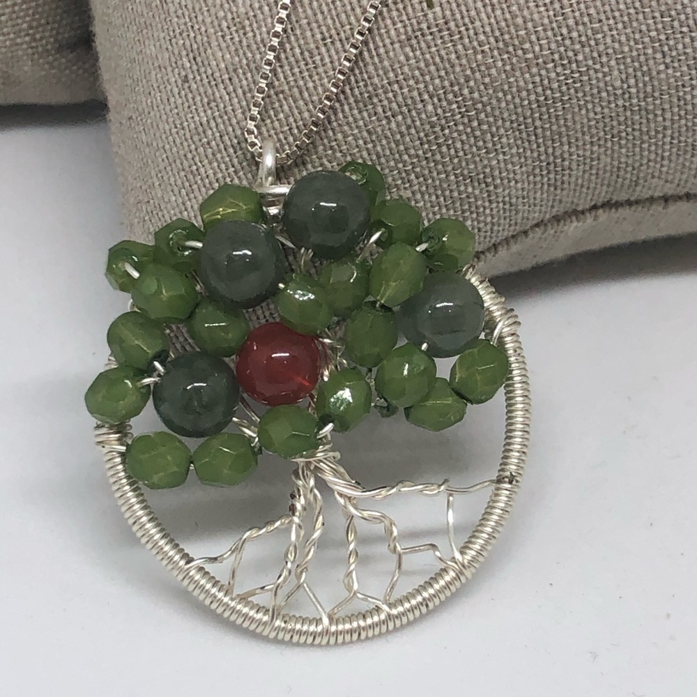 Handmade Silver wire warp tree with jade pendant